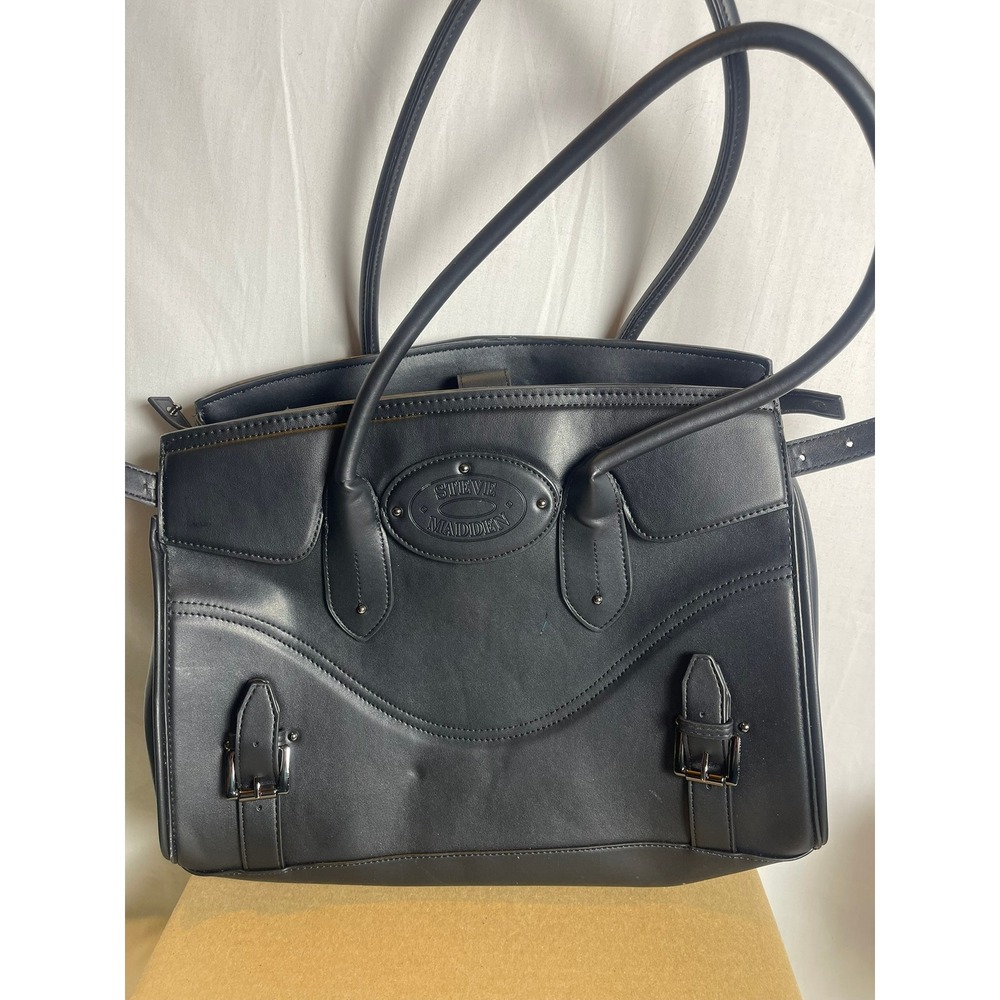 Steve Madden Black Faux Leather Satchel Bag Buckle Detail Logo Patch Work Tote
